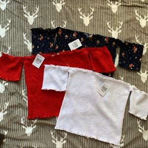 NWT Almost Famous 4 off the shoulder crops size L sold separately.